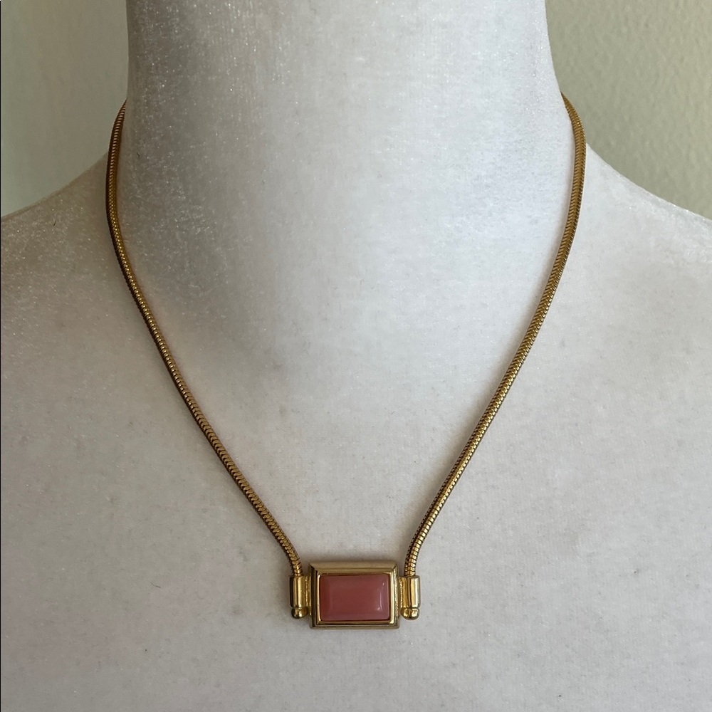 GIVENCHY Gold Serpentine Chain Rectangle Pink Cabochon Stone Necklace Vintage